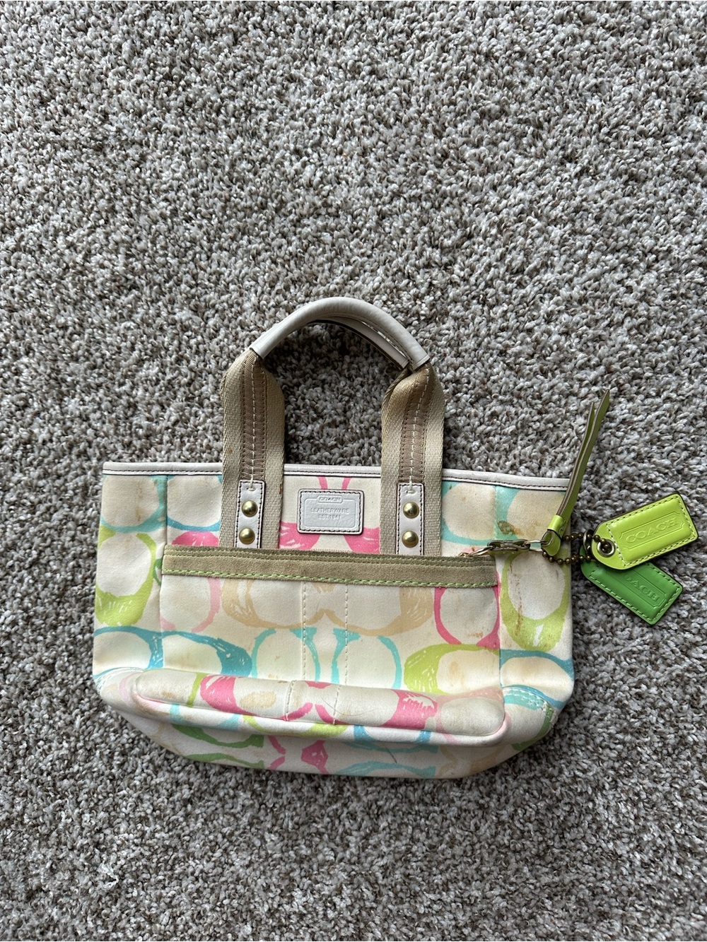 Coach Multicolor Circle Print Tote with Beige Trim and Green Tags